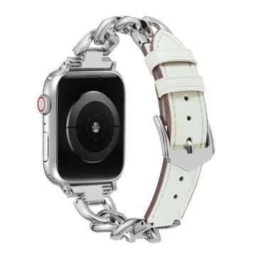 Apple Watch Series 8 (45 mm) / Watch Ultra metalen ketting met leren bandje - Zilver / Wit