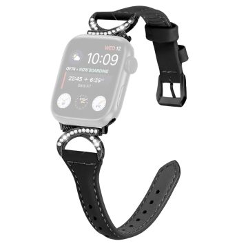 Apple Watch Series 8 (45 mm) / Watch Ultra Echt leren bandje met zwarte gesp met strass-steentje - Zwart