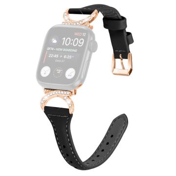 Apple Watch Series 8 (45 mm) / Watch Ultra Echt leren bandje met strass-rozegouden gesp - Zwart