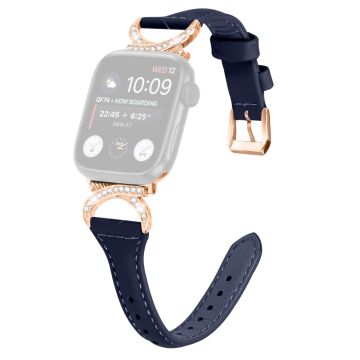 Apple Watch Series 8 (45 mm) / Watch Ultra Echt leren bandje met strass-roze-gouden gesp - Inktblauw