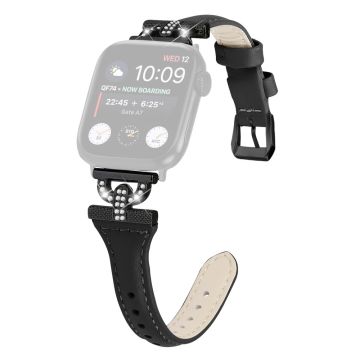 Apple Watch Series 8 (45 mm) / Watch Ultra Echt lederen bandje met strass-decor en zwarte gesp - Zwart