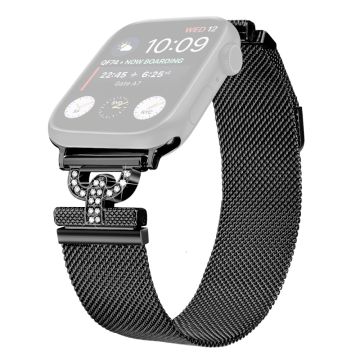 Apple Watch Series 9 45mm / Ultra 2 strass S-vormige milanese roestvrijstalen band - Zwart